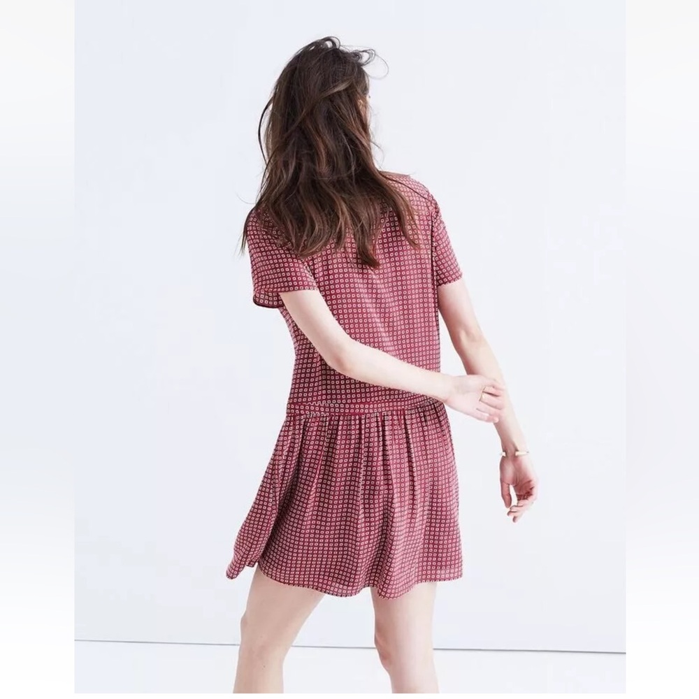 Madewell Silk Ascot Tile Maroon Red white short sleeve Drop Waist dress | Size 0 - Picture 4 of 14